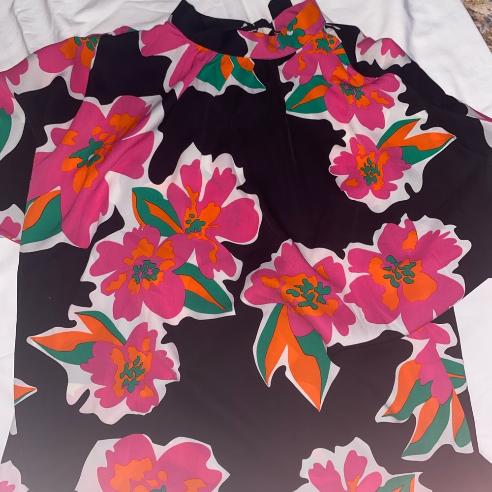 Floral Print High-Neck Blouse in Black, Pink & Orange - Picture 2 of 5